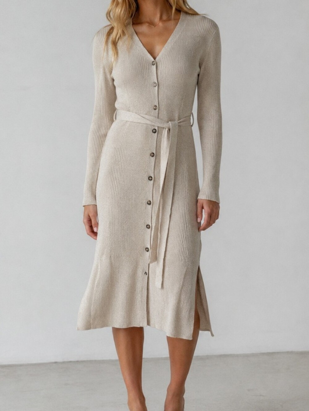 NWT Pink Rose Beige Ribbed Knit Midi Dress | Size M